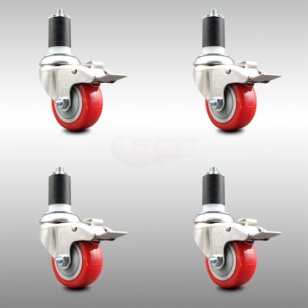 Service Caster 3.5 Inch 316SS Red Poly Swivel 1-1/2 Inch Expanding Stem Caster Set Lock Brake SCC-SS316TTLEX20S3514-PPUB-RED-112-4